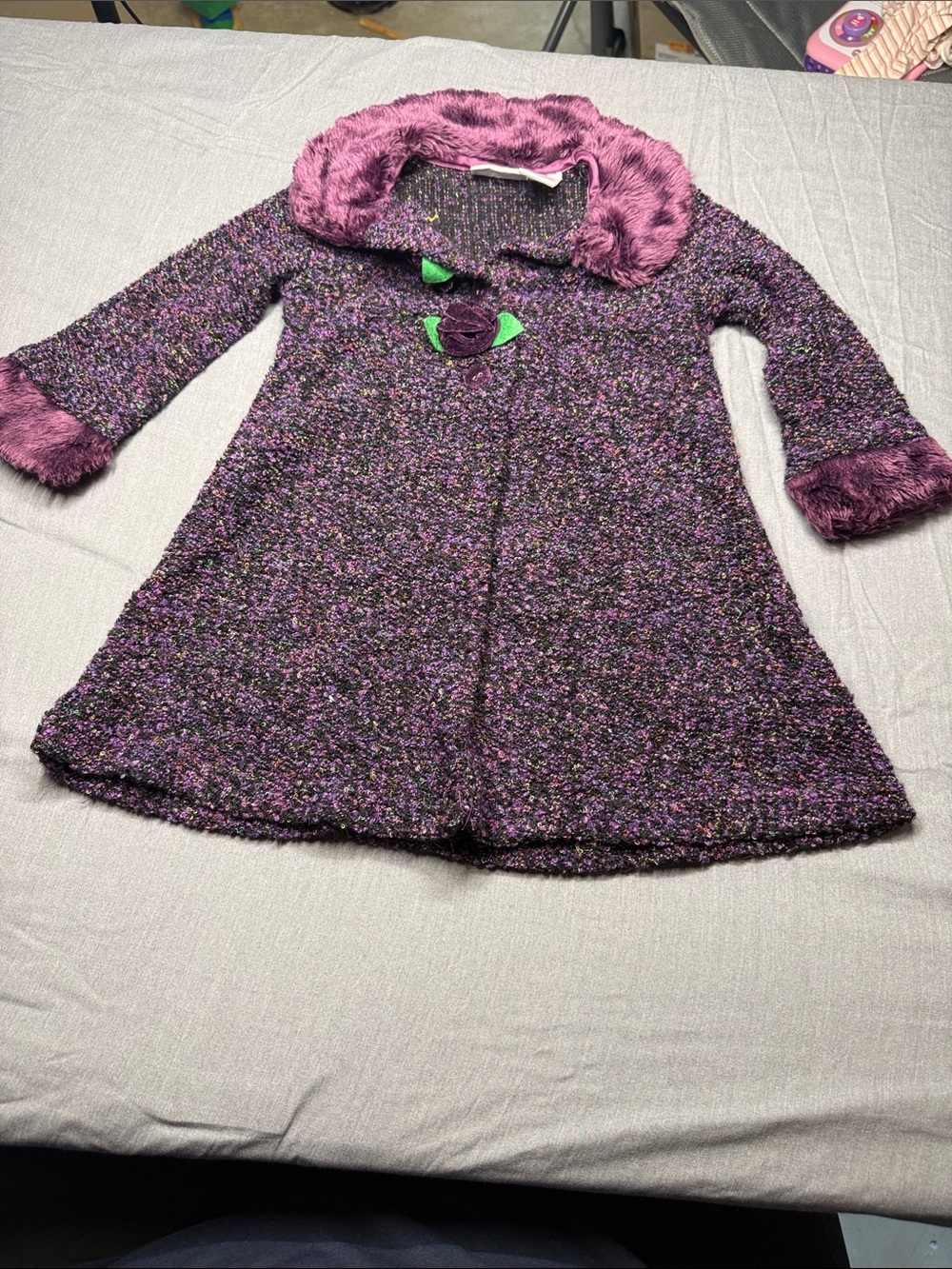 Blueberi Boulevard Girls' Purple Faux-Fur Trim Pea Coat